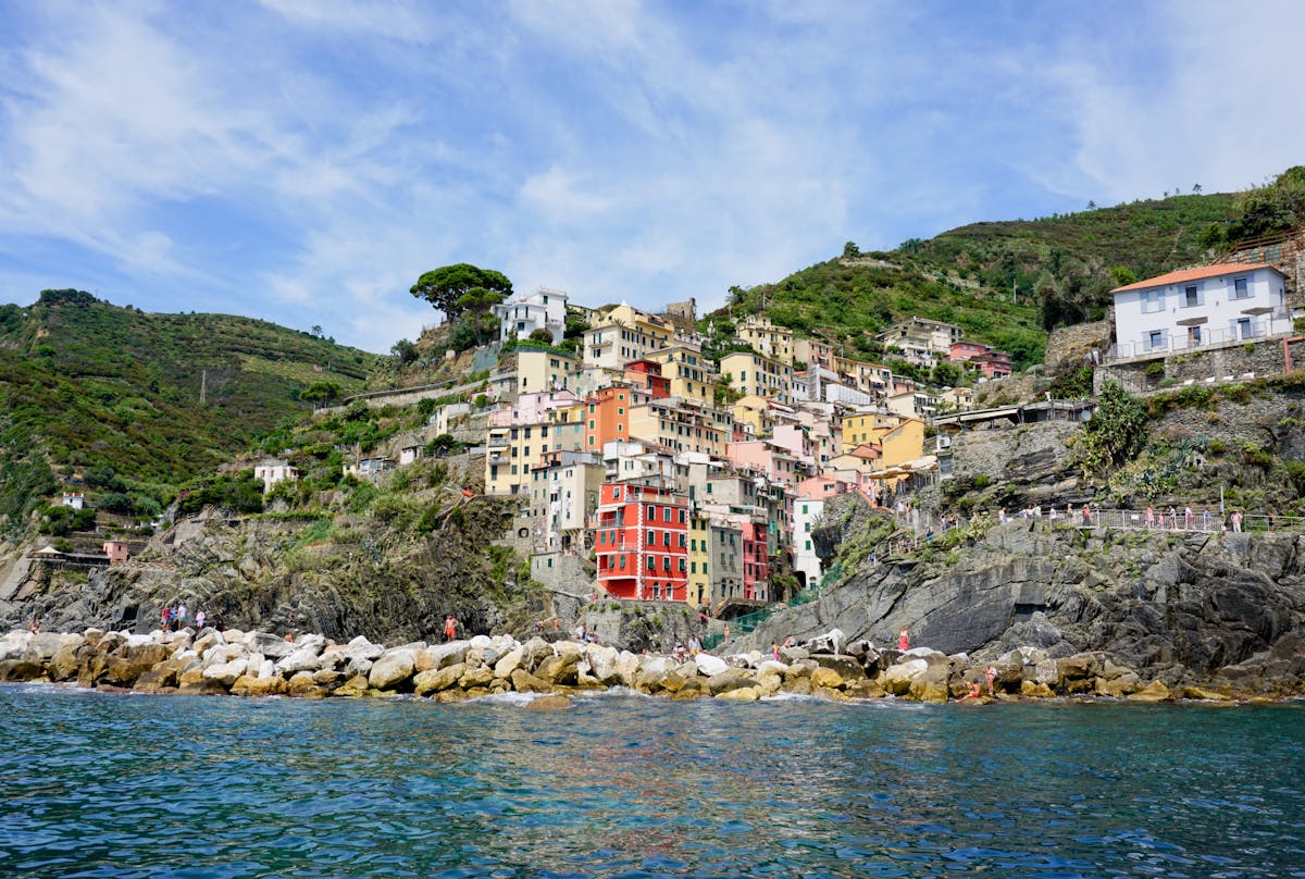 Wide panoramic view of Cinque Terre colorful village on the coast