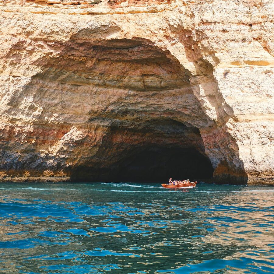 Stunning rock formations viewed from a boat tour along the Algarve coast in Portugal