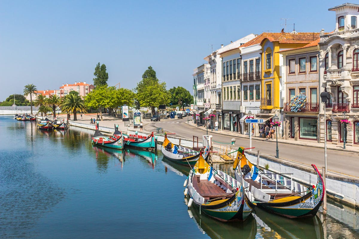 Brightly painted moliceiro boats along a picturesque Aveiro canal