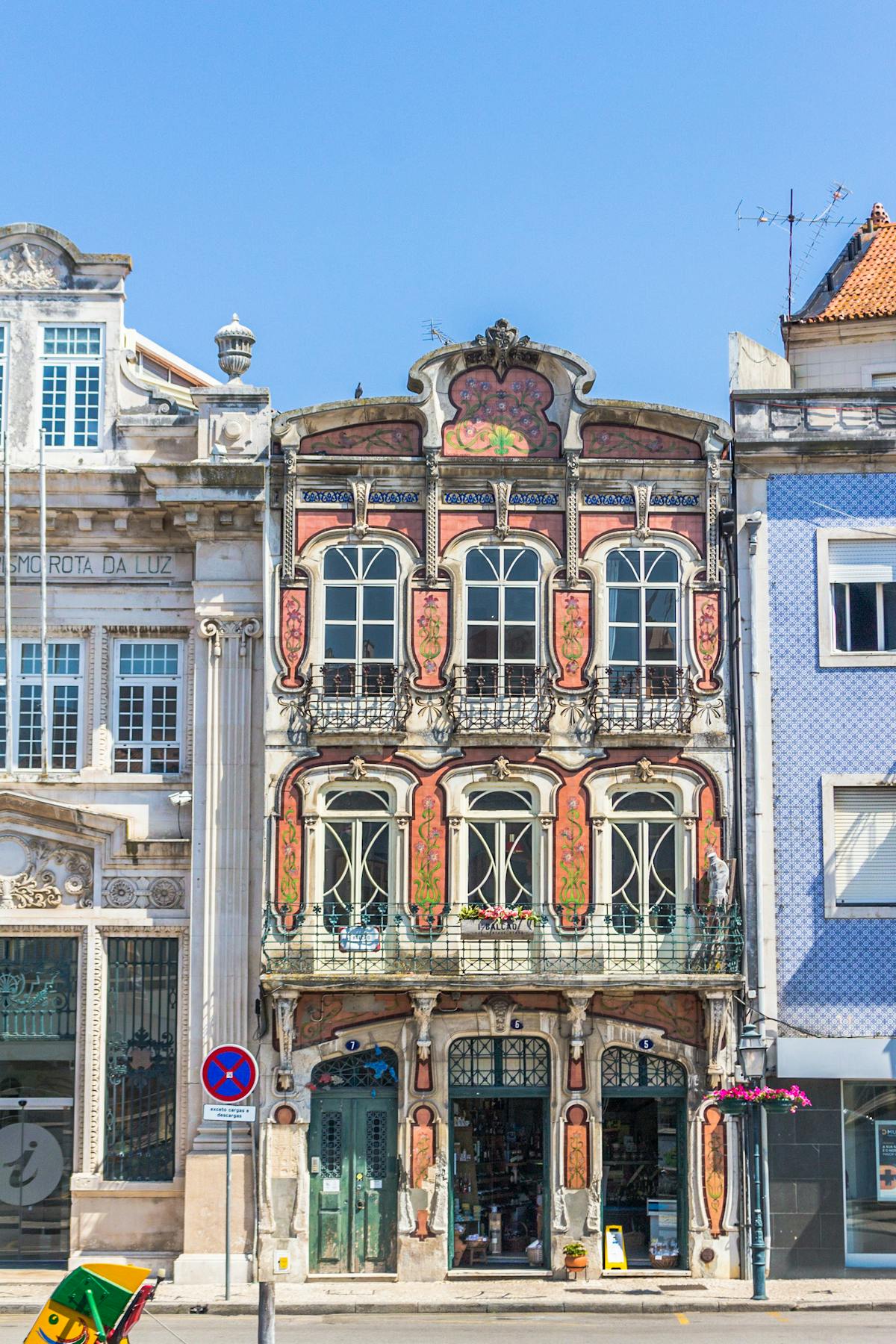 Ornate Art Nouveau building facade in Aveiro Portugal