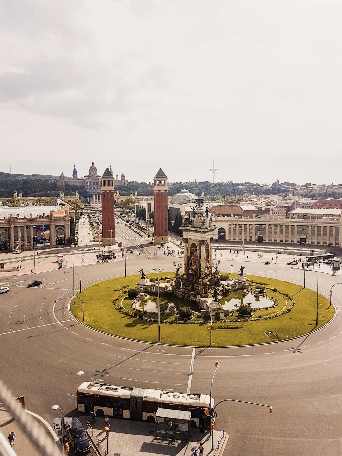 Stunning aerial shot of Placa Espanya with Montjuic backdrop in Barcelona Spain