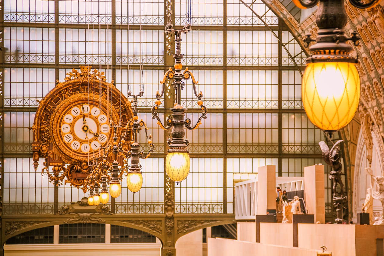 The ornate golden clock and architecture inside the Musee dOrsay