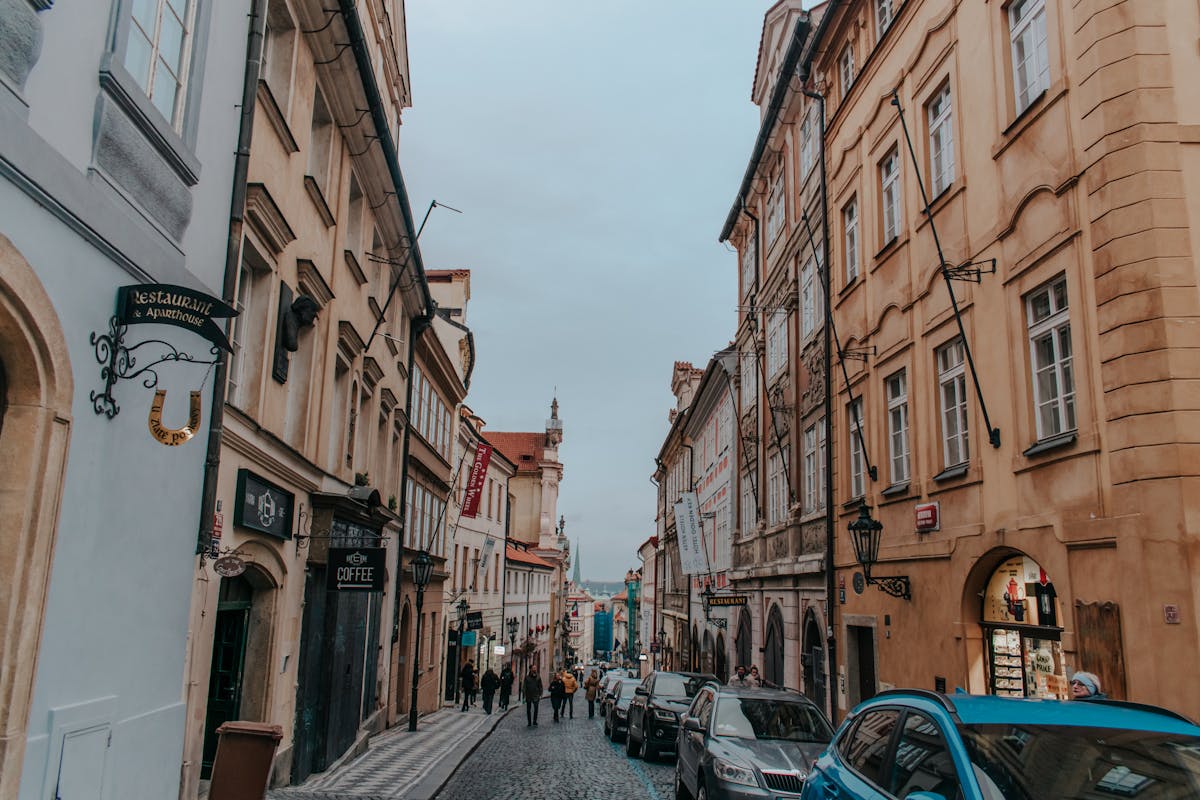 Cobblestone street with historic architecture in Prague
