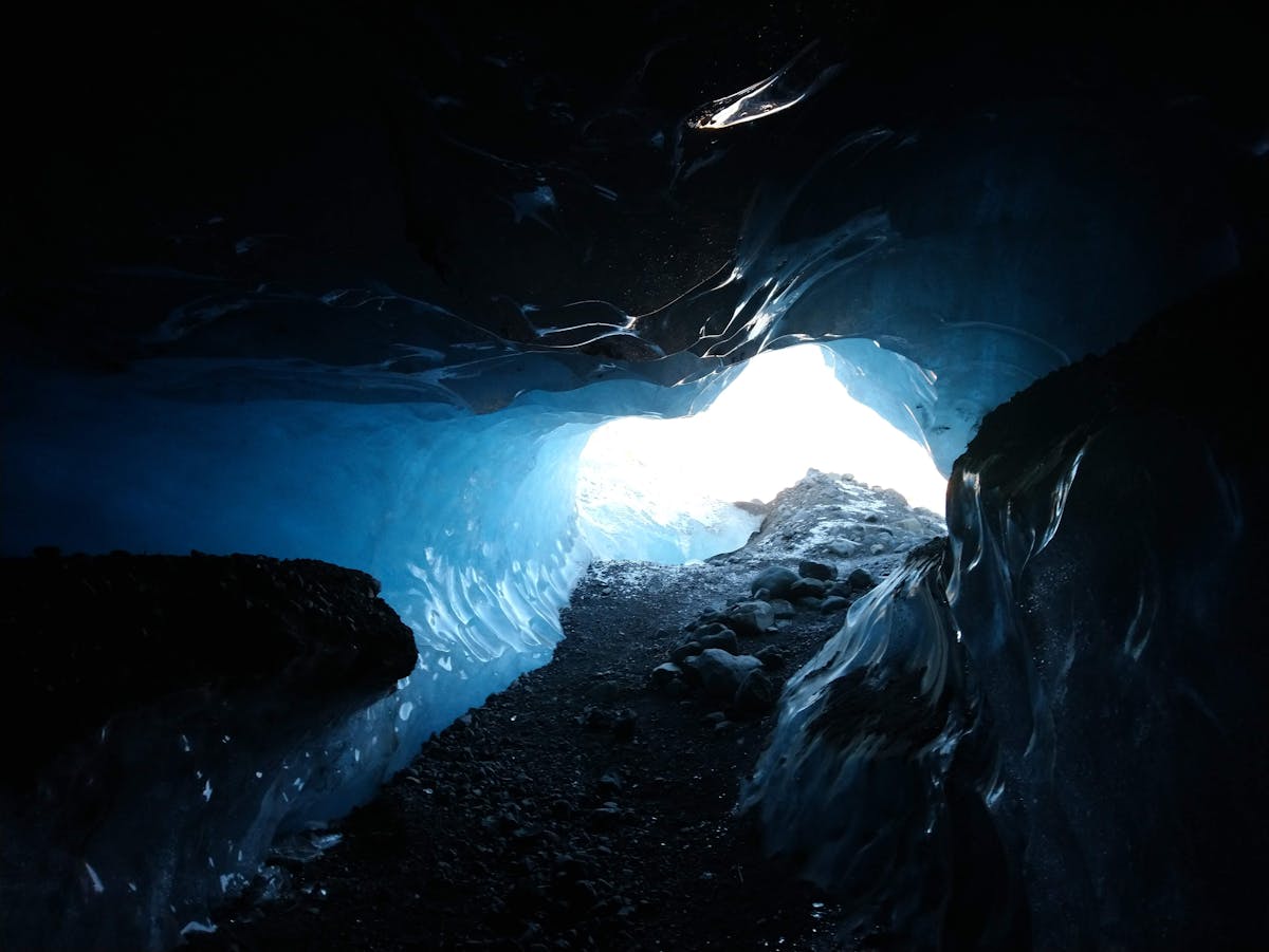 Ice cave at Skaftafell National Park Iceland with blue glacial ice