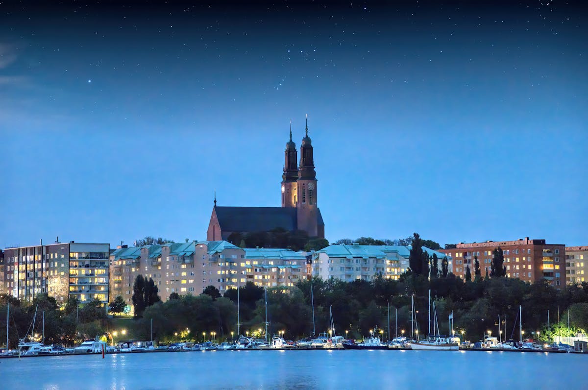 Night view of Sodermalm Stockholm with illuminated skyline and church