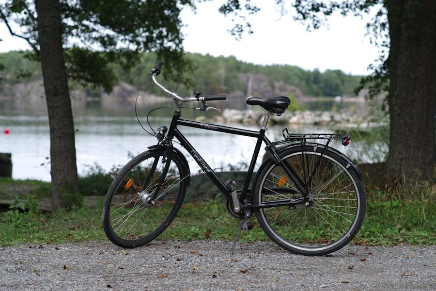 A bicycle parked on a Stockholm lakeside path