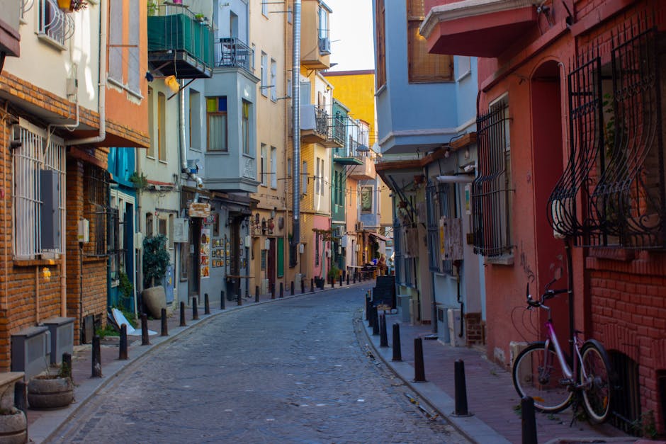 Colorful street in Istanbul's Balat neighbourhood with cobblestone pavement