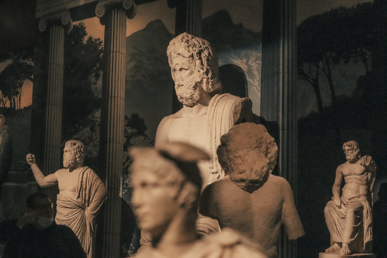 Collection of ancient Greek sculptures in a museum
