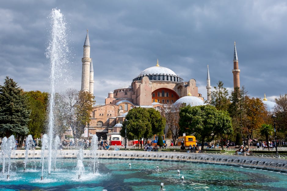 Hagia Sophia Grand Mosque and fountain in Sultanahmet Square, Istanbul