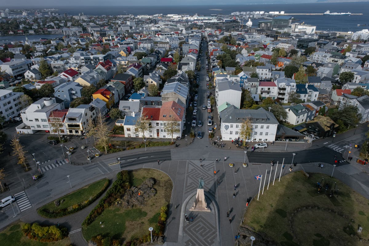 Aerial panoramic view of Reykjavik city with colorful houses and streets