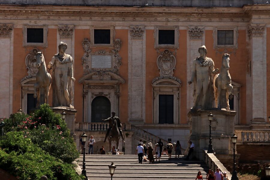 The Senatorial Palace on Capitoline Hill in Rome with Renaissance architecture and classical statues