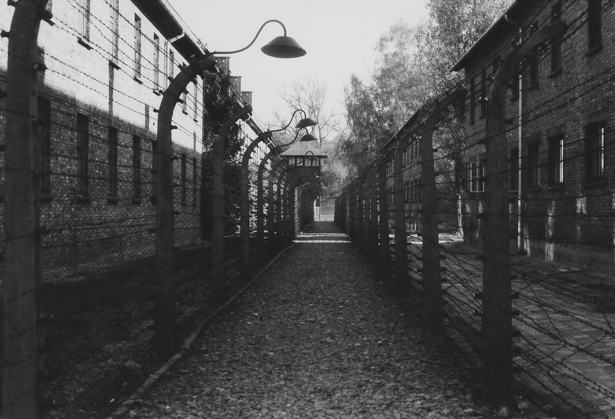 Black and white photo of a concentration camp pathway lined with barbed wire fence and watchtower
