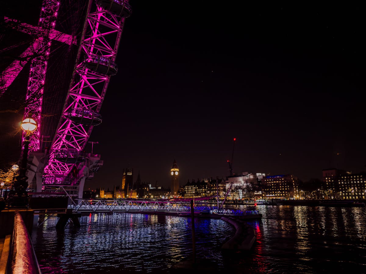 London Eye and Big Ben seen from the South Bank at night with reflections on the Thames