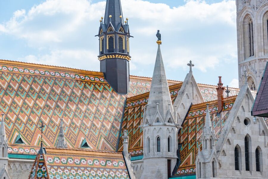 Close-up of the colorful diamond-patterned tile roof of Matthias Church Budapest