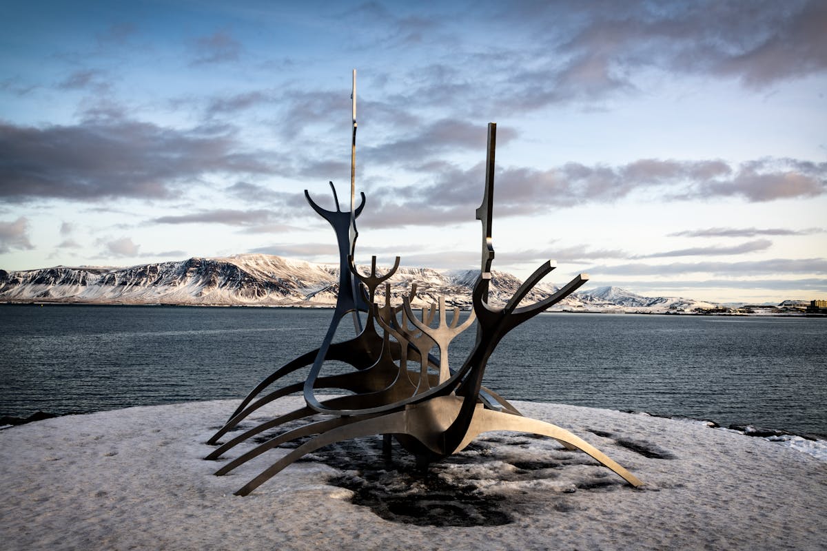 Sun Voyager sculpture on snowy Reykjavik waterfront in winter