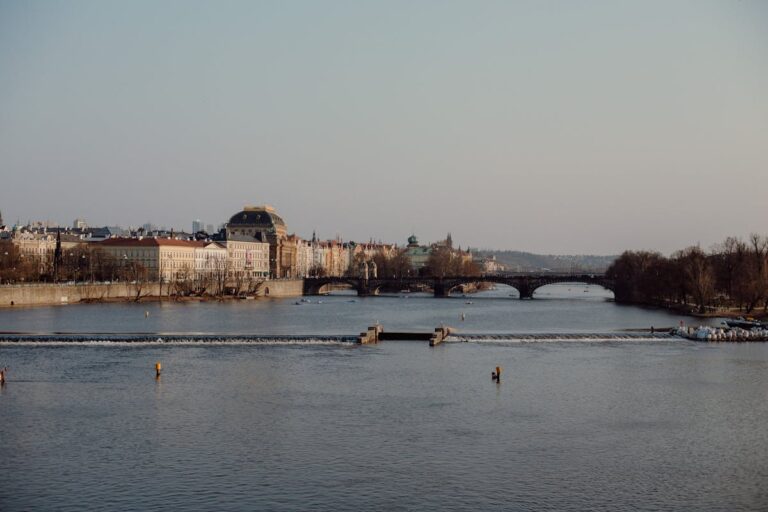 Panoramic view of Prague with the Vltava River and historic architecture