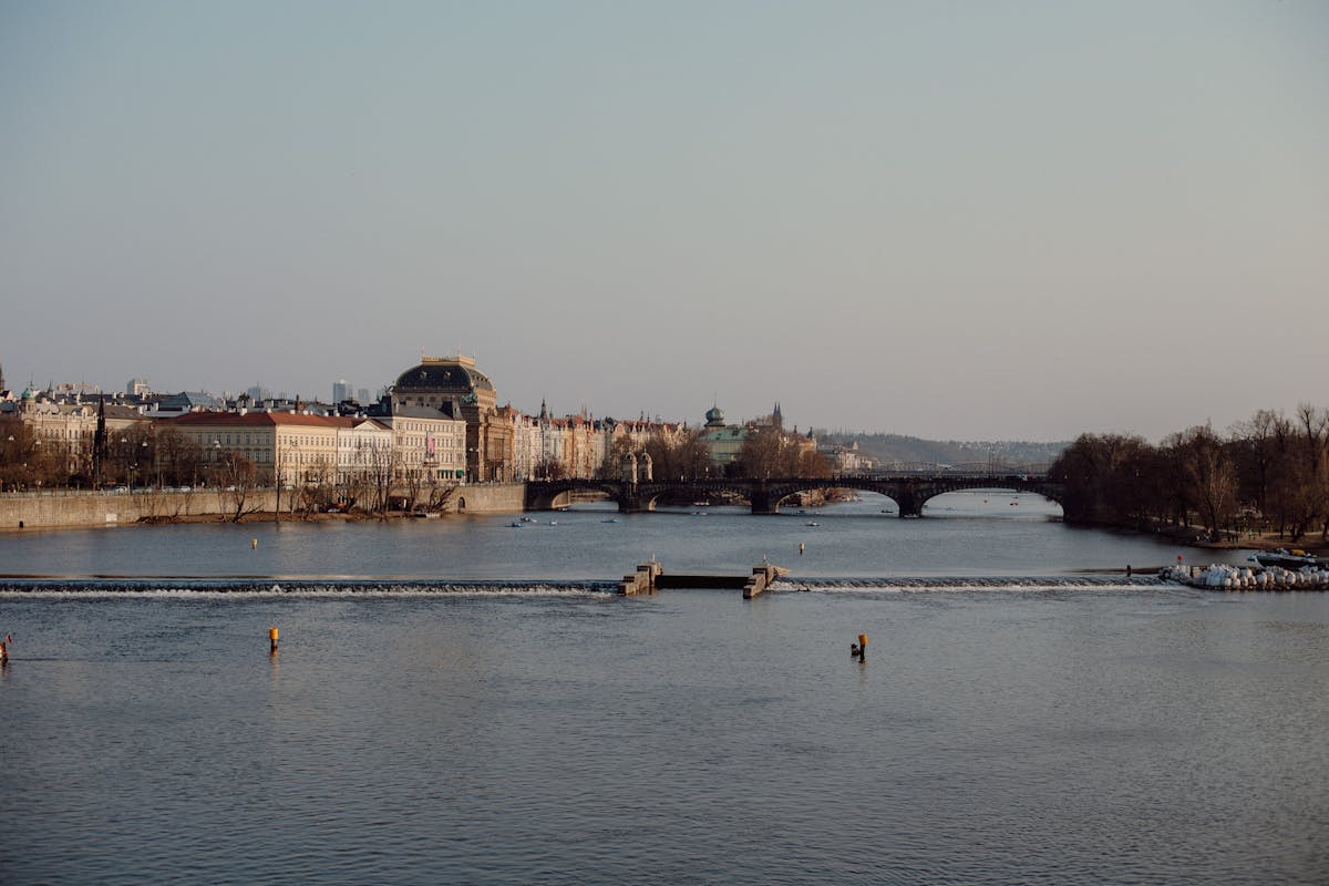 Panoramic view of Prague with the Vltava River and historic architecture