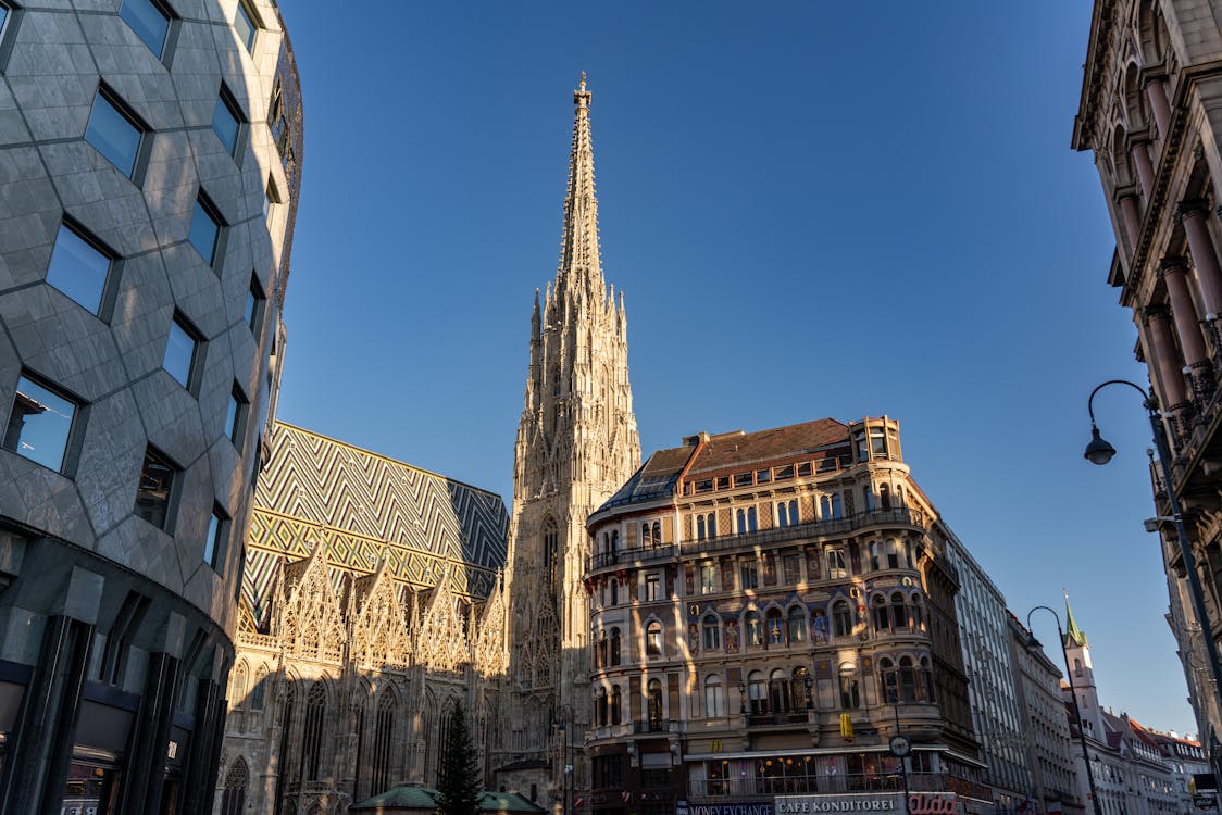 St Stephen's Cathedral in Vienna surrounded by historic buildings on a clear day