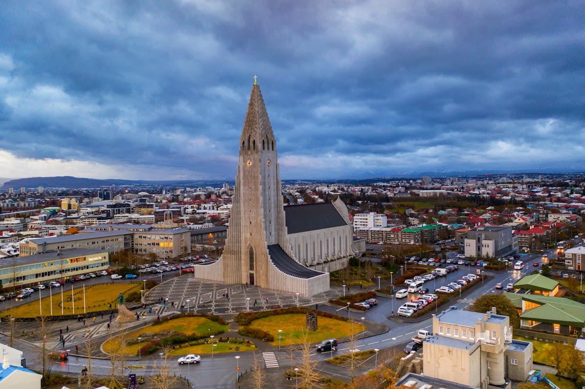 Aerial view of Hallgrimskirkja church and the cityscape of Reykjavik at daytime