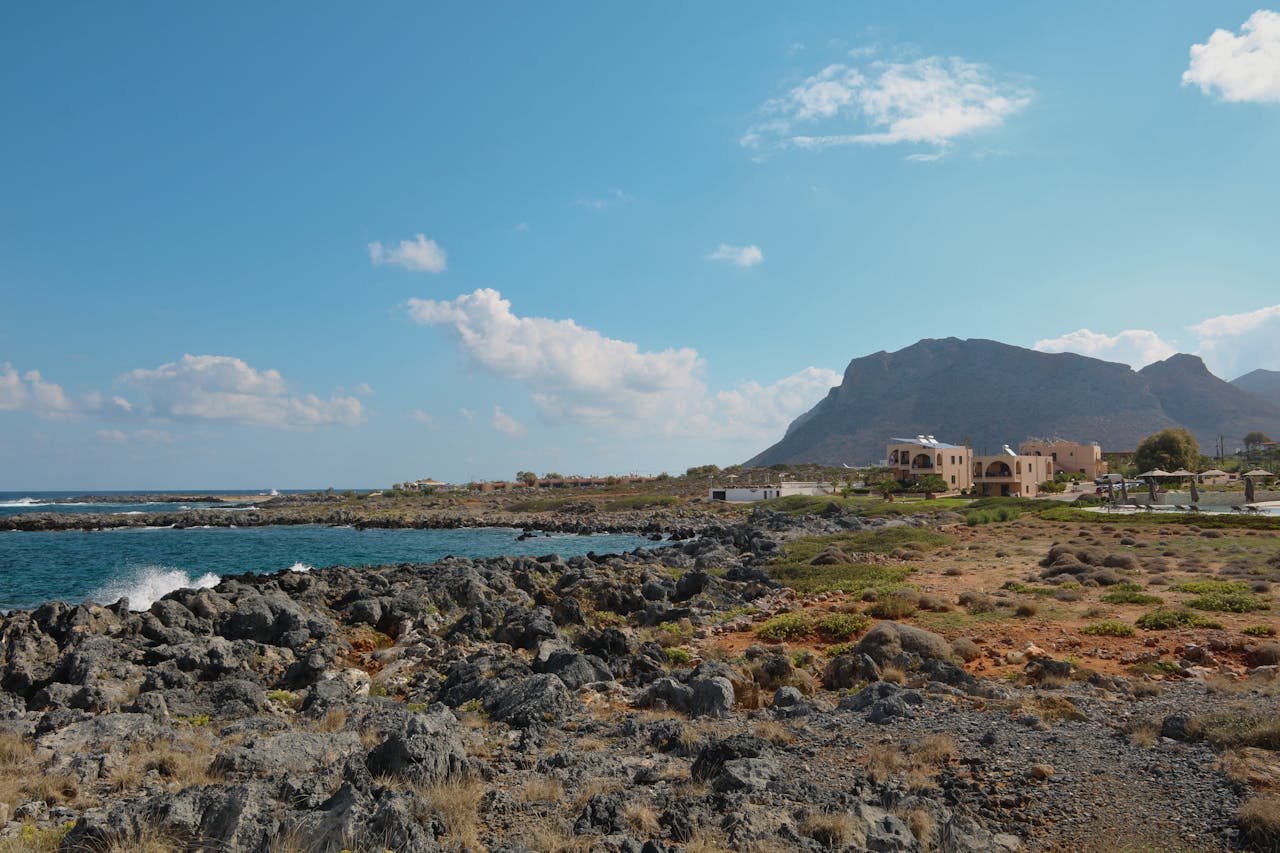 Stunning rocky coastline near Chania Greece under a bright blue sky