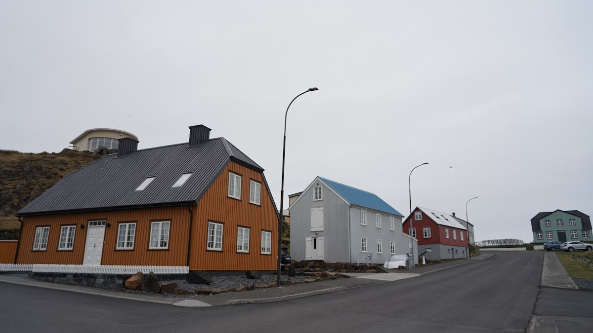 Scenic view of colorful houses on a quiet street in Iceland