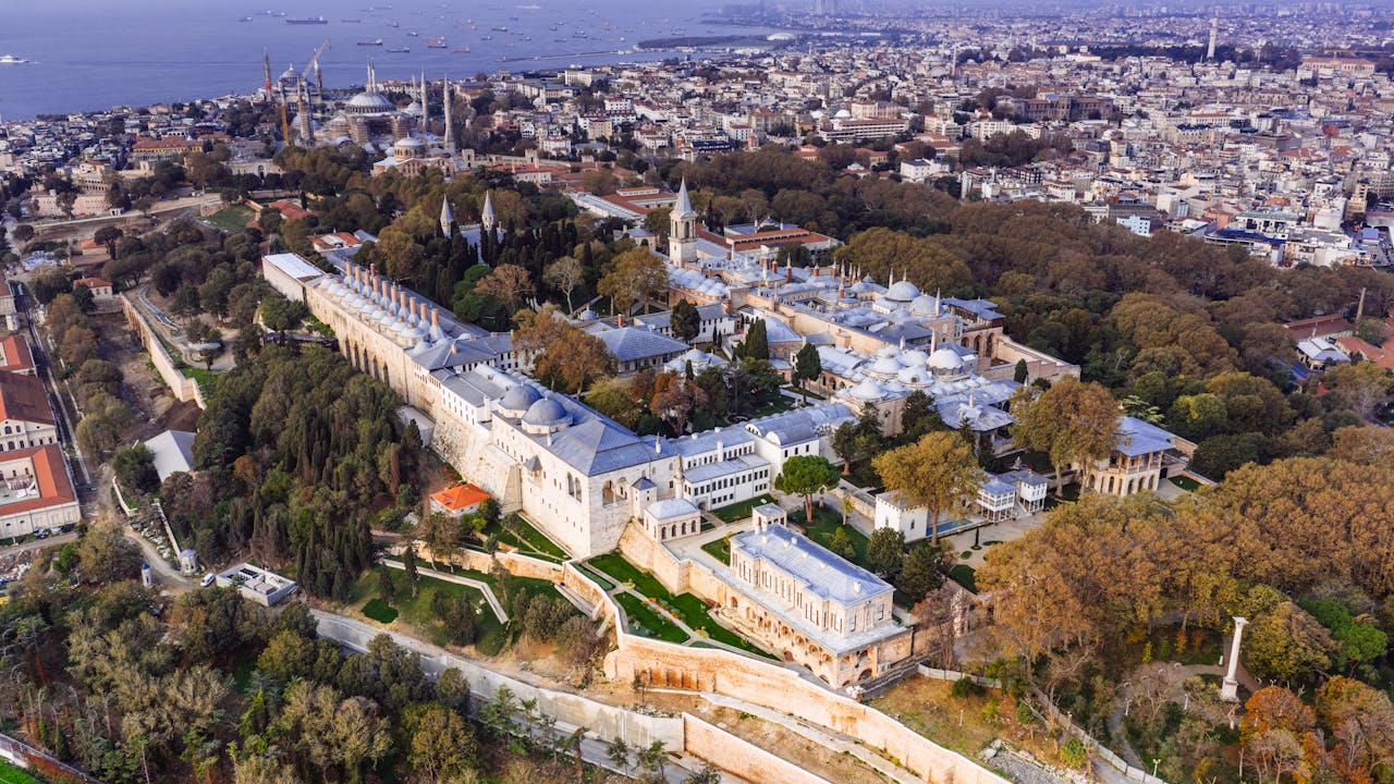 Aerial drone view of Topkapi Palace complex on the Istanbul peninsula