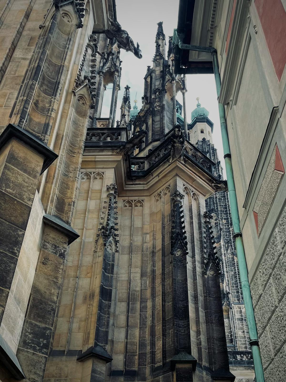 Dramatic view of St. Vitus Cathedral with Gothic architecture in Prague