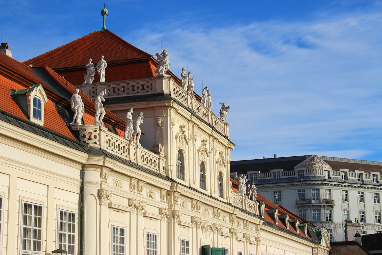 Baroque architecture of Belvedere Palace Vienna under clear blue sky from garden
