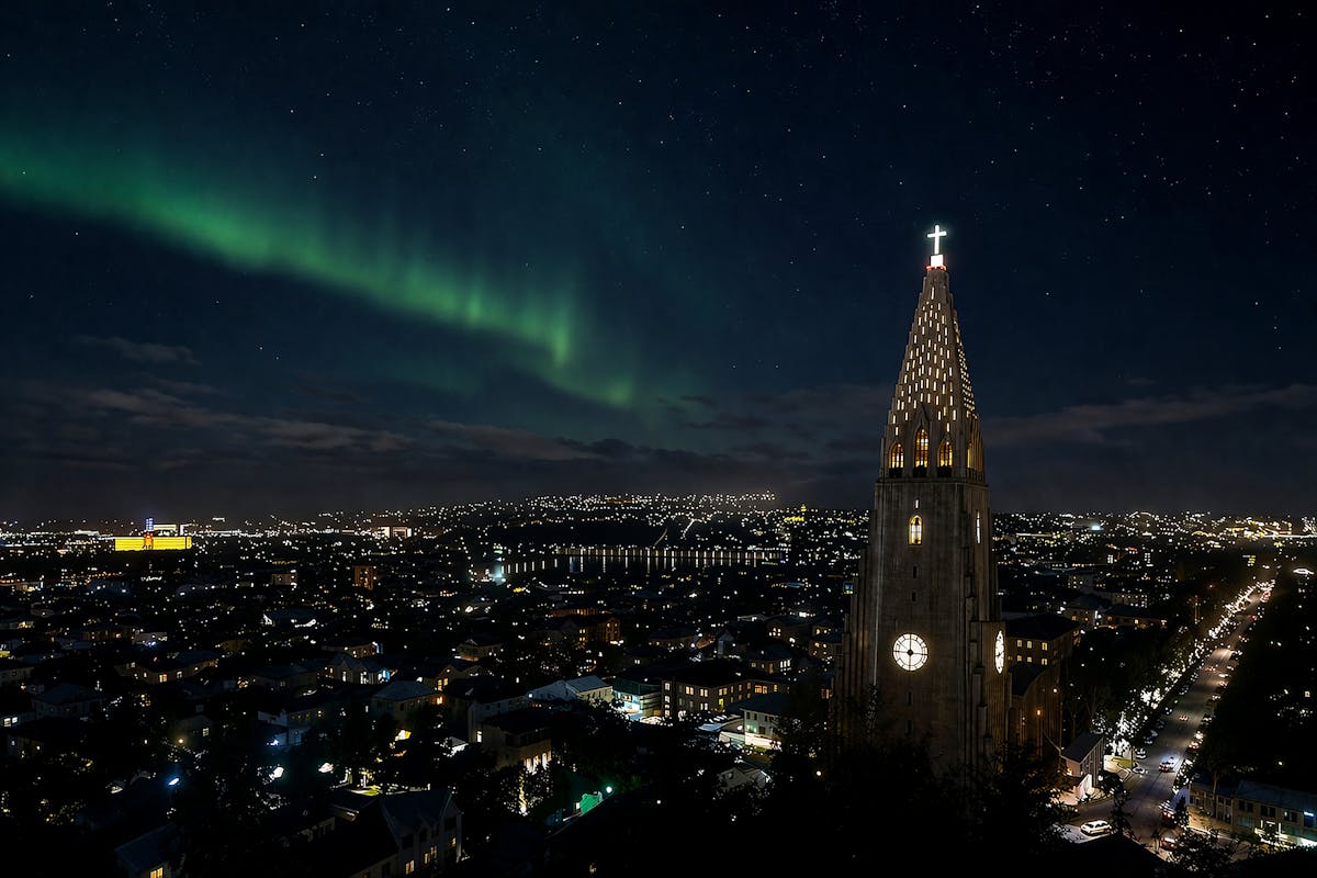 Northern Lights aurora borealis over Hallgrimskirkja church in Reykjavik