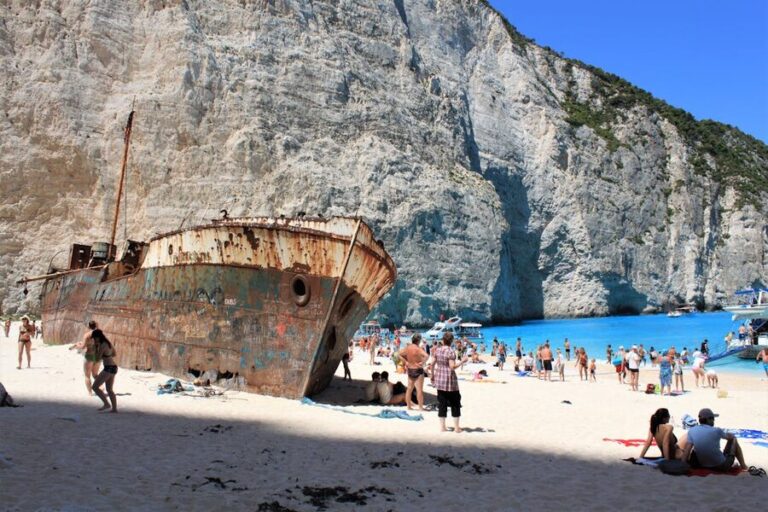 Aerial view of Navagio Beach showing the shipwreck surrounded by turquoise water and white cliffs