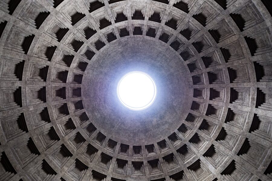 Looking up at the famous oculus opening in the dome of the Pantheon in Rome