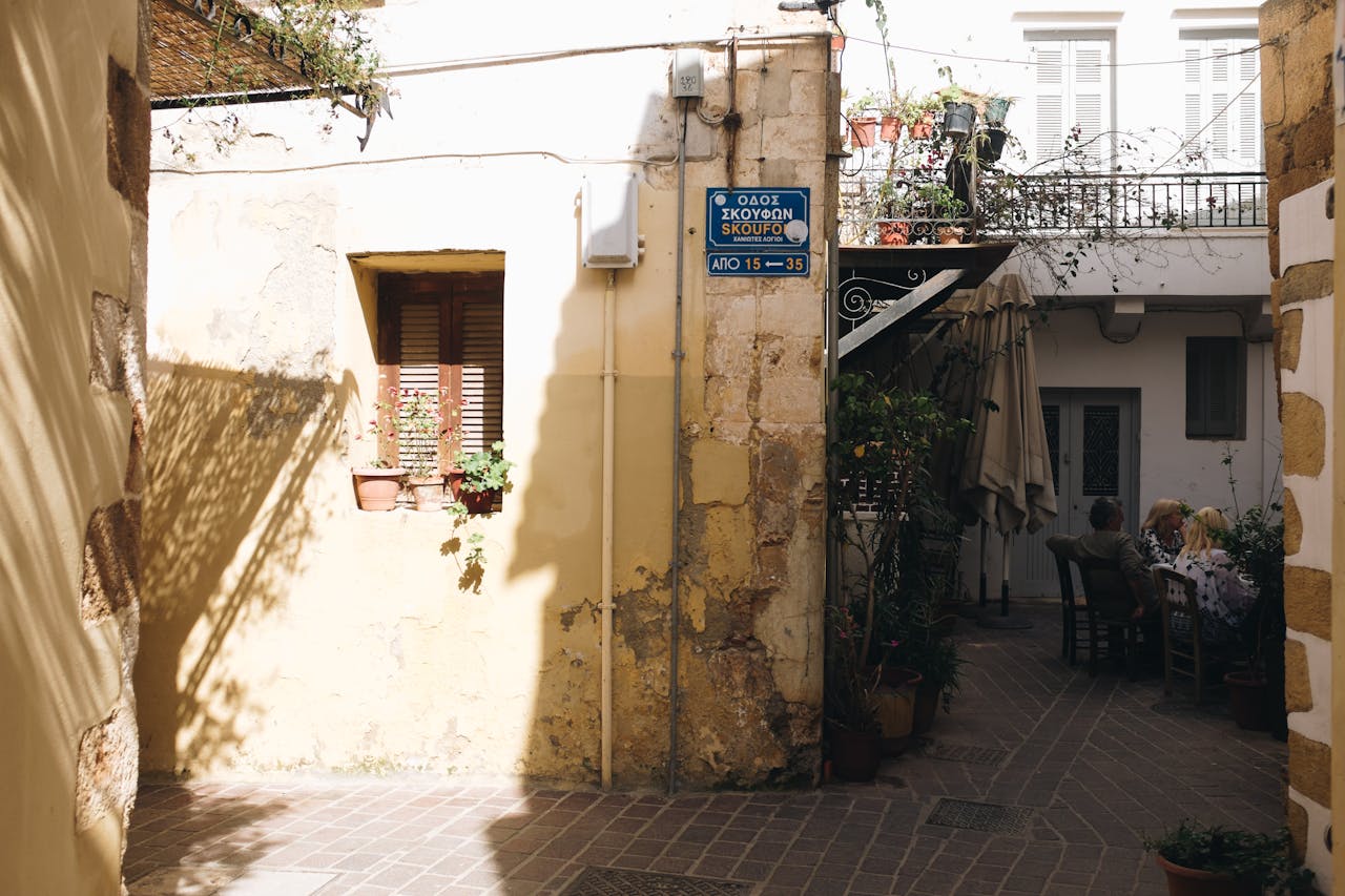 A cozy Mediterranean alley with rustic architecture in Chania old town Crete