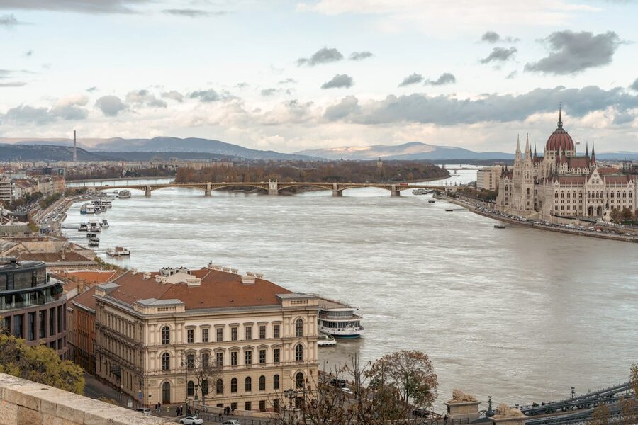 Autumn view of Budapest with Danube River and Parliament buildings