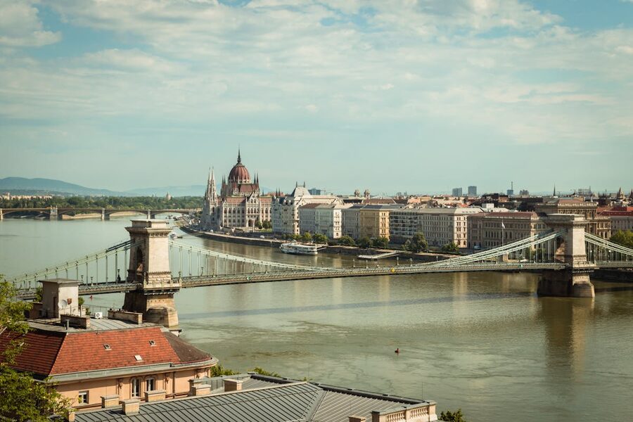 Chain Bridge and Hungarian Parliament Building panorama across the Danube in Budapest