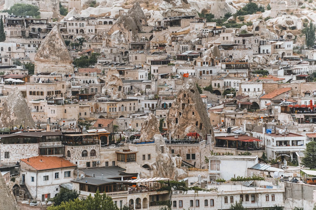 Ancient rock dwellings and formations in the Cappadocia landscape of Turkey