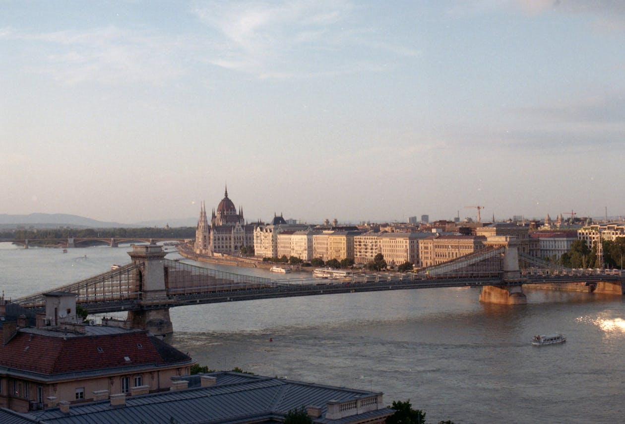 Chain Bridge and Parliament Building at sunset over the Danube in Budapest