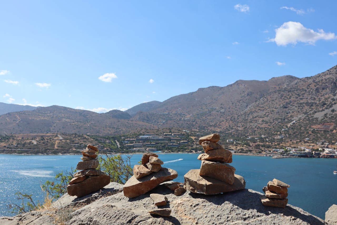 Looking out over Elounda Bay from the hilltop with Spinalonga visible in the distance
