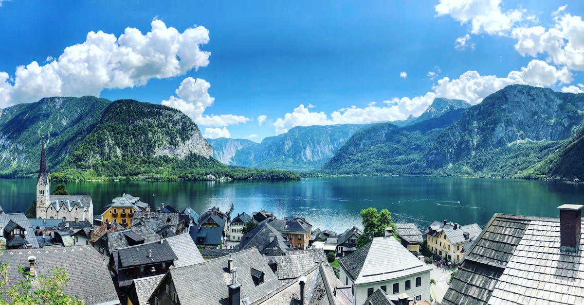 Aerial view of Hallstatt village wedged between the lake and mountains