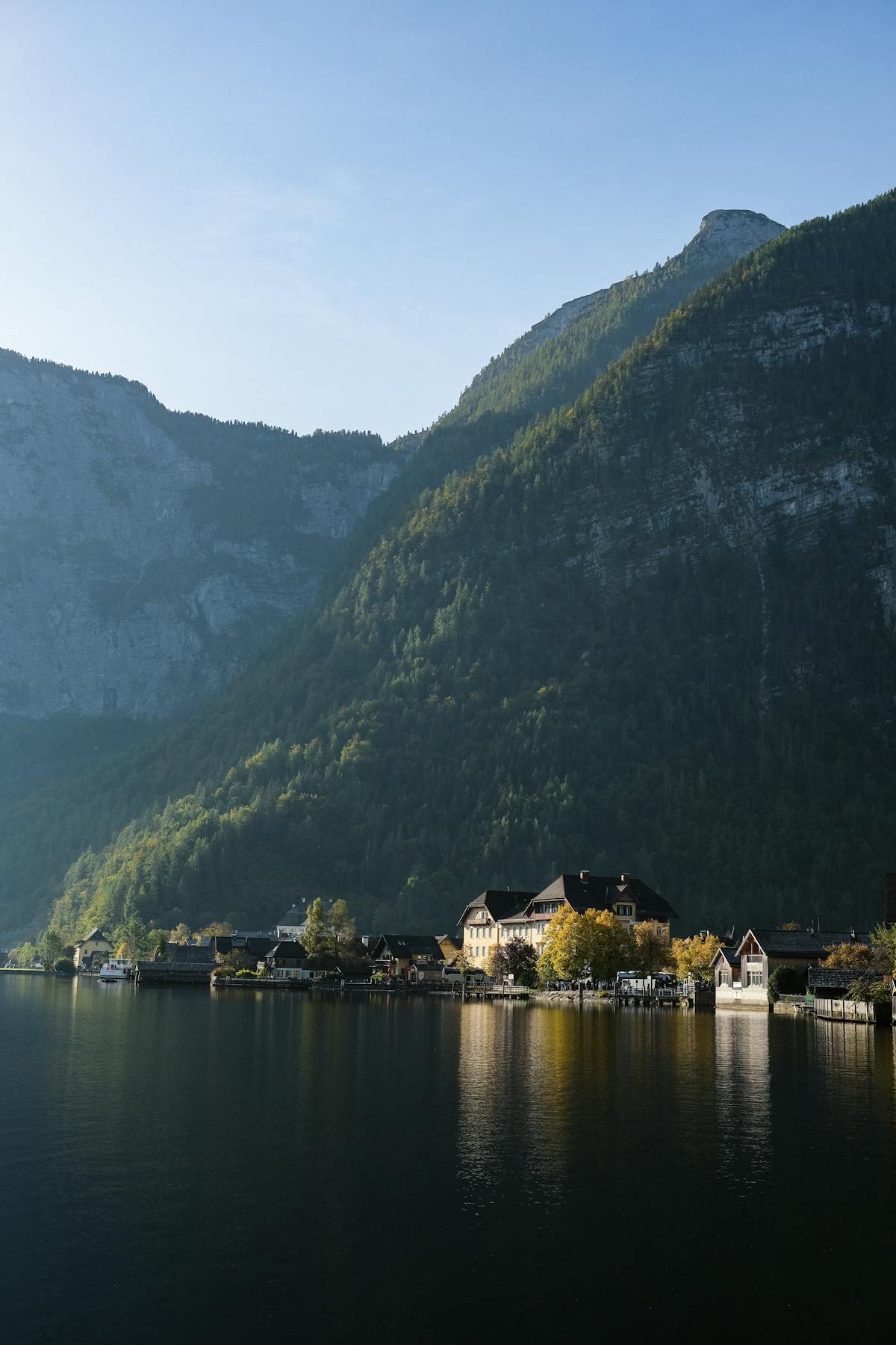 Hallstatt village under clear blue sky with mountain backdrop