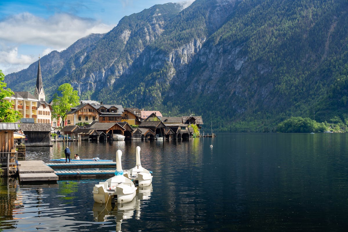 Scenic view of Hallstatt village by the lake with mountains