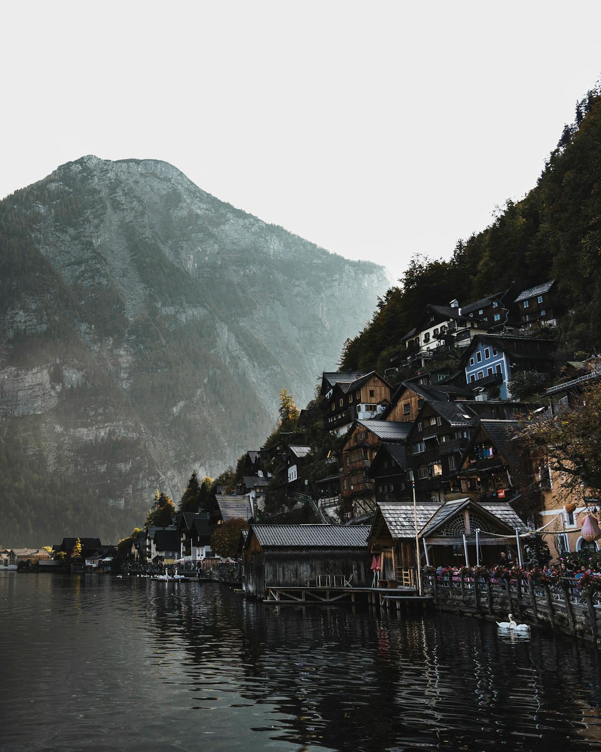 Hallstatt village with colorful houses along the lakefront