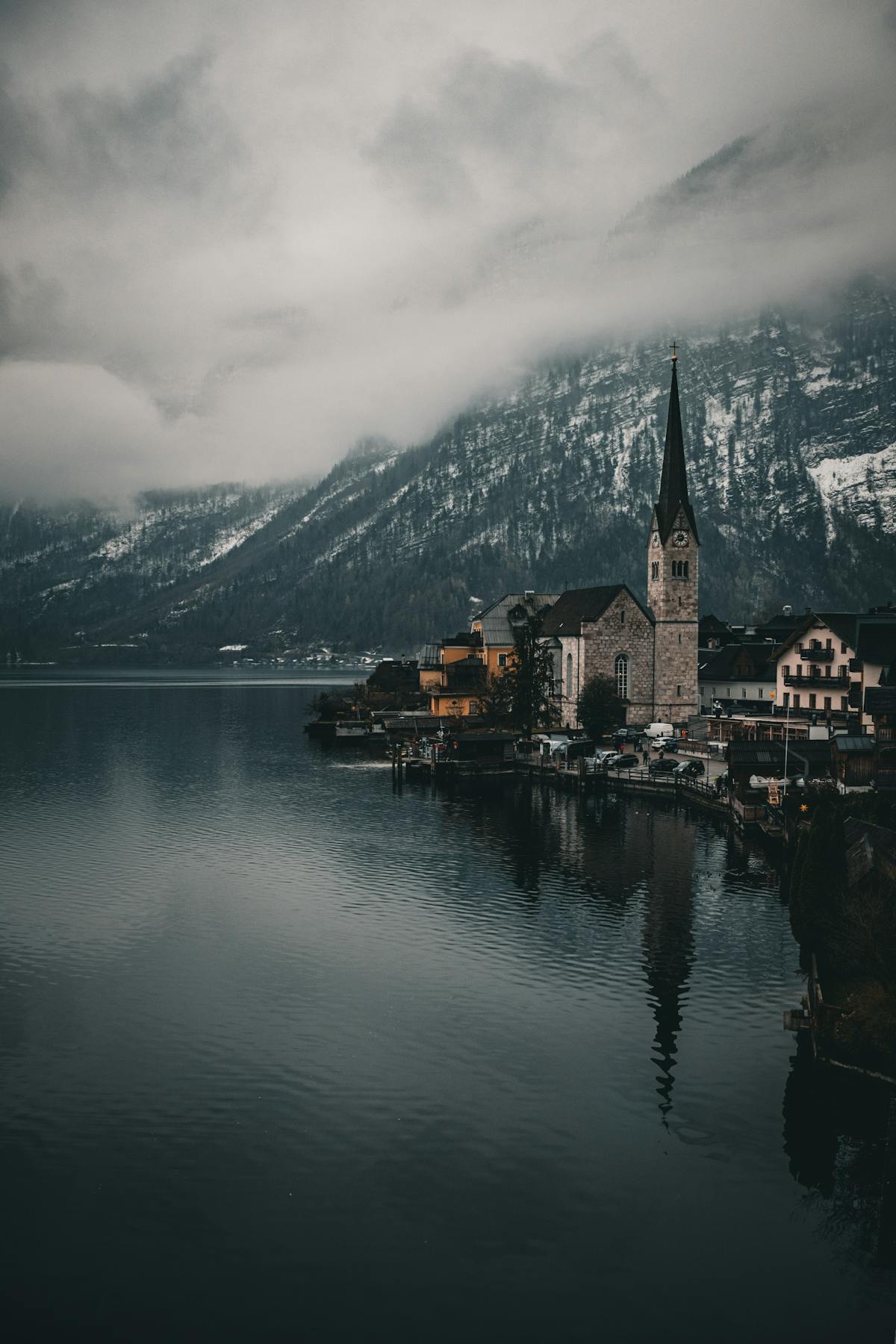 Hallstatt village in winter with snow-covered rooftops