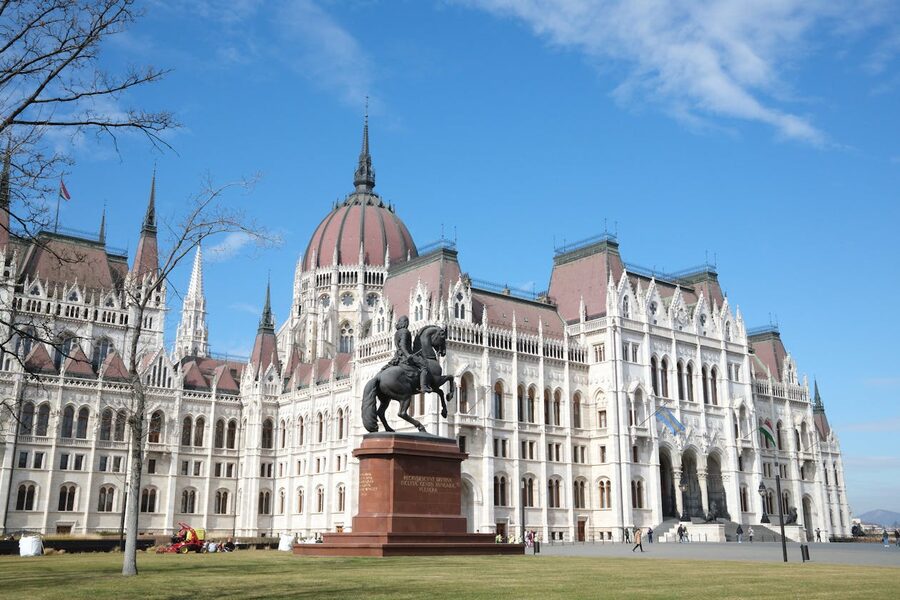 Hungarian Parliament Building under a clear blue sky in Budapest
