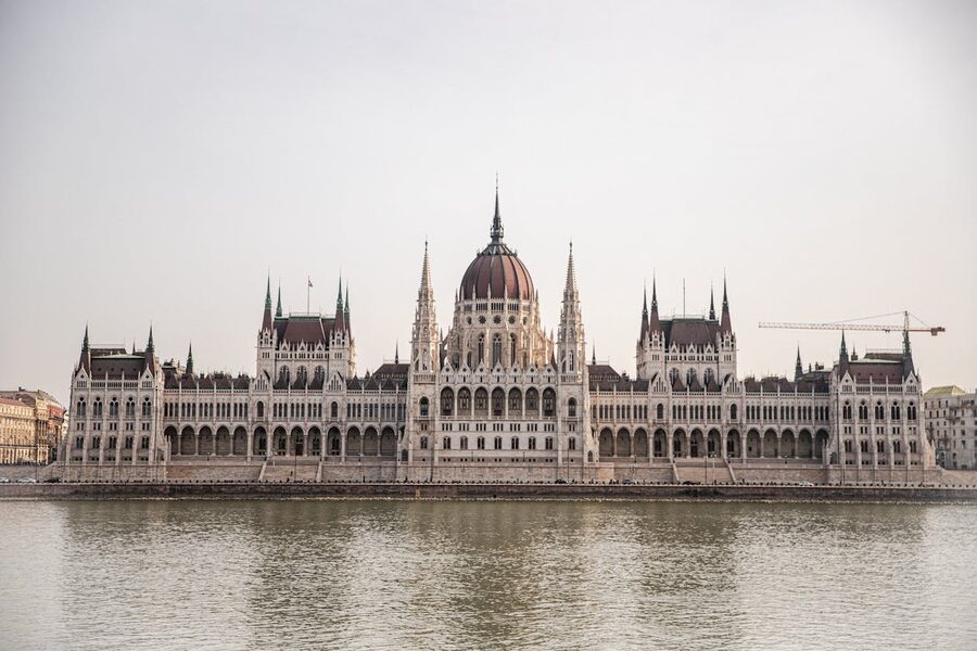 Gothic Revival architecture details of the Hungarian Parliament facade along the Danube
