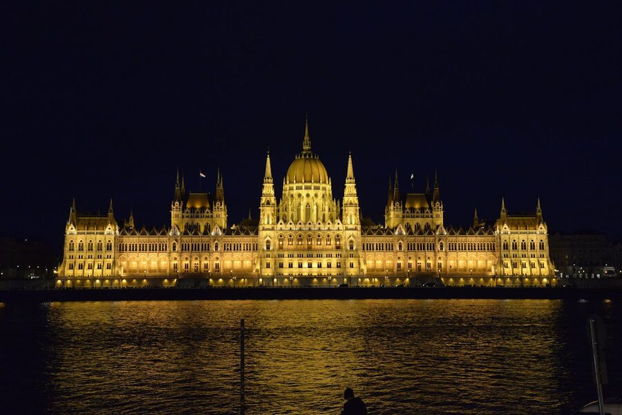 Night illumination of the Parliament Building from the Pest side of Budapest