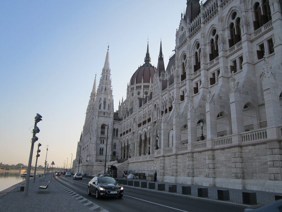 Street-level view of Parliament from Kossuth Square in Budapest