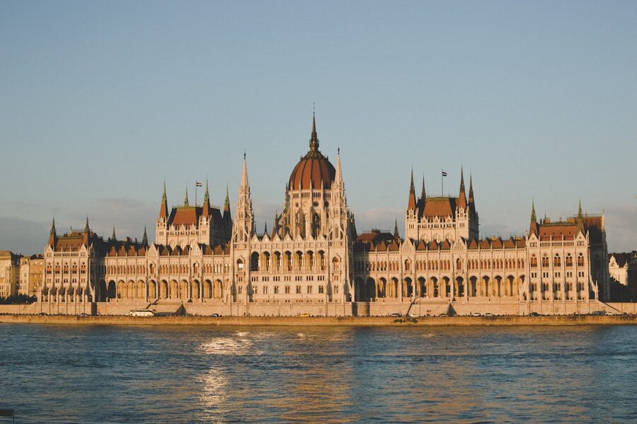 Golden hour sunlight on the Hungarian Parliament Building by the Danube