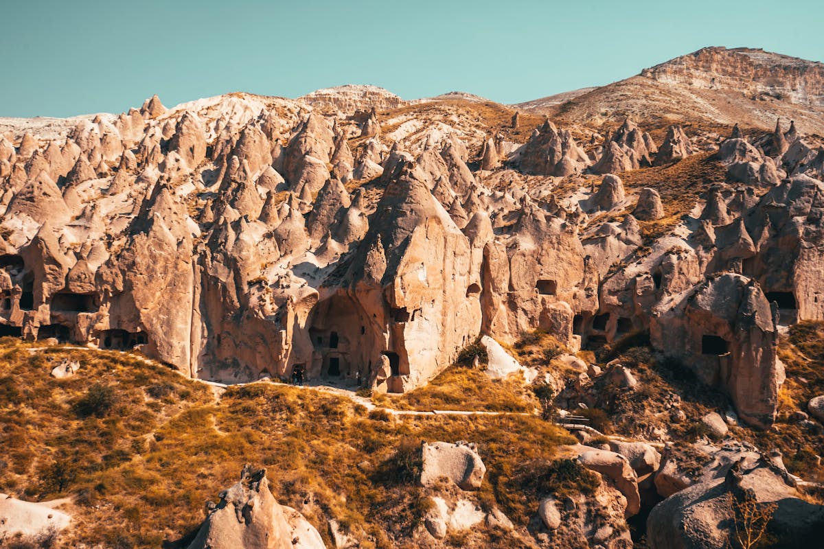 Unique rock formations and cave dwellings in Cappadocia Nevsehir Turkey