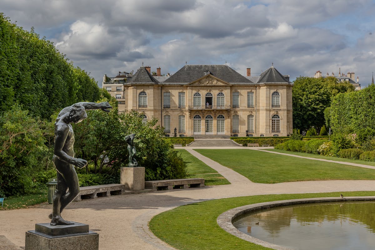 Rodin Museum garden with sculptures and the Hotel Biron mansion in Paris