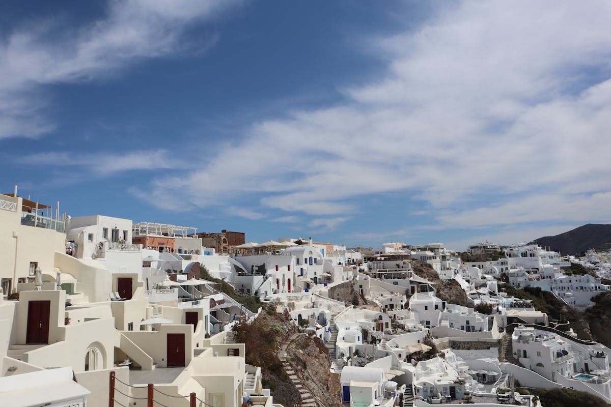 White buildings of Santorini under a blue sky